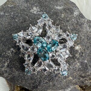 SLV Sadye L Vassil 925 Sterling Silver Star Brooch w/ Topaz and Clear Stones